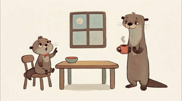 A kid otter asks a question at the kitchen table